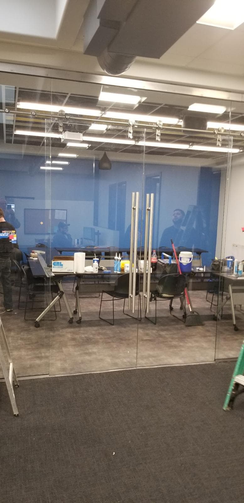 glass double office doors, long pull handles