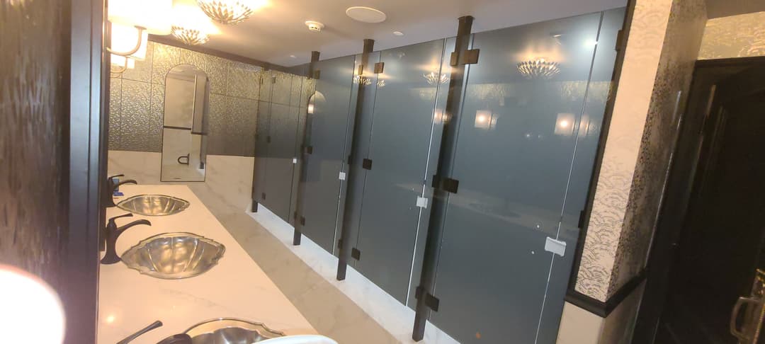 frosted glass restroom stall dividers, upscale
