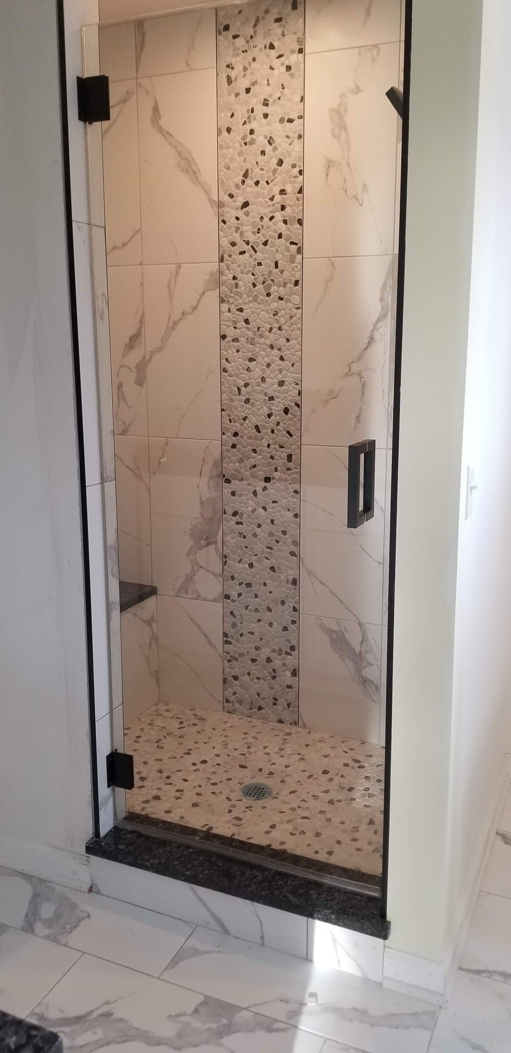 pebble mosaic accent shower door