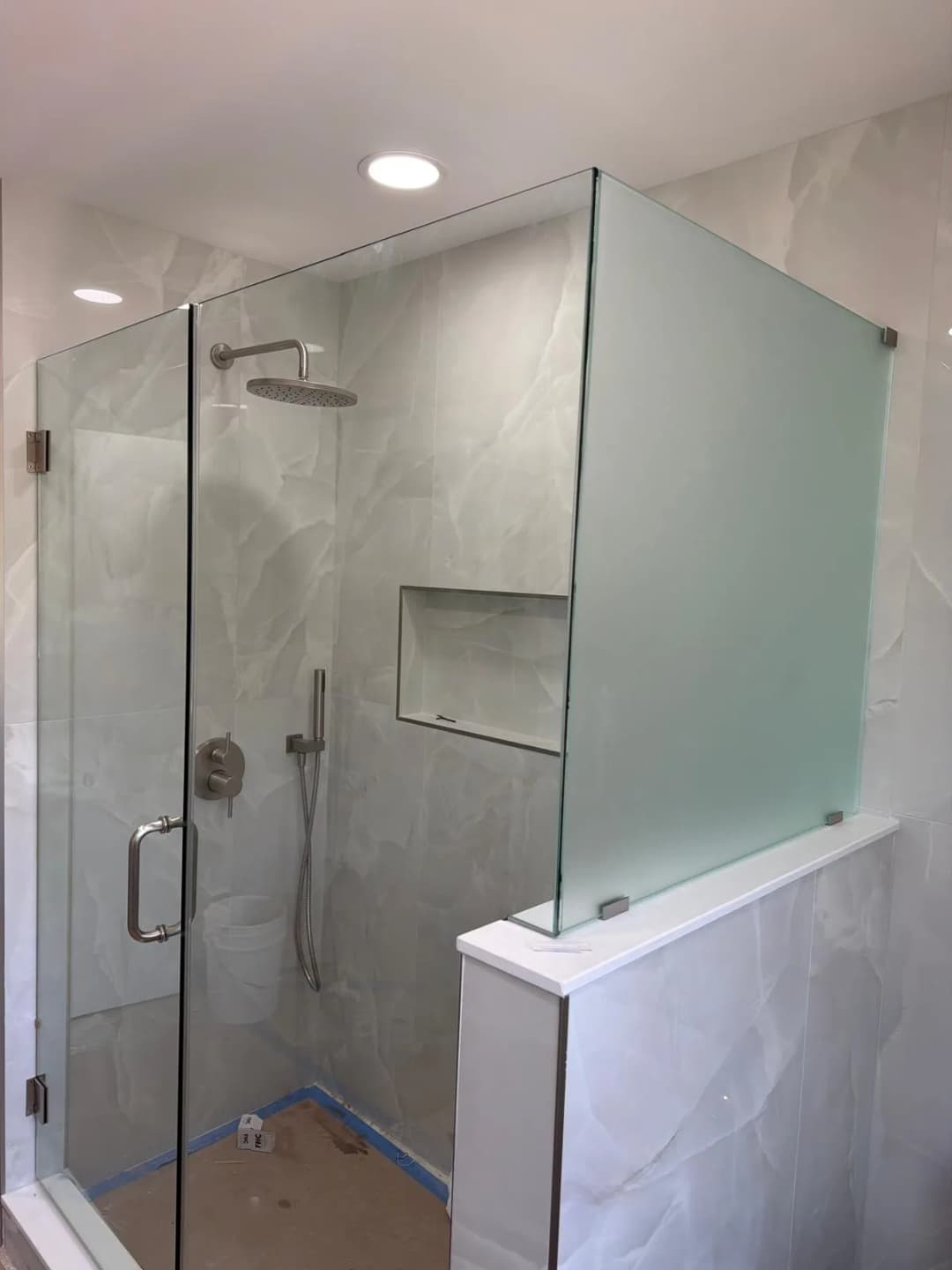 frosted shower panel, brushed nickel, niche