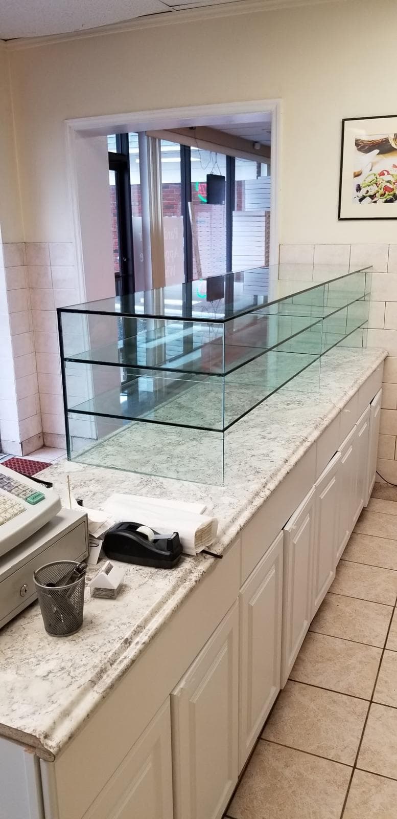 glass shelf display case, deli counter